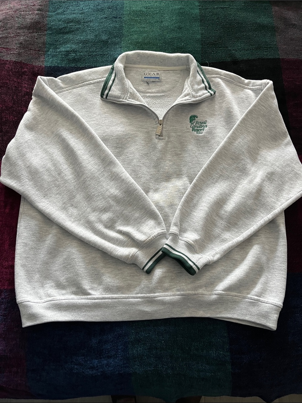 Light Gray Quarter-Zip Sweatshirt with Green Trim Royal Lahaina Resort Logo